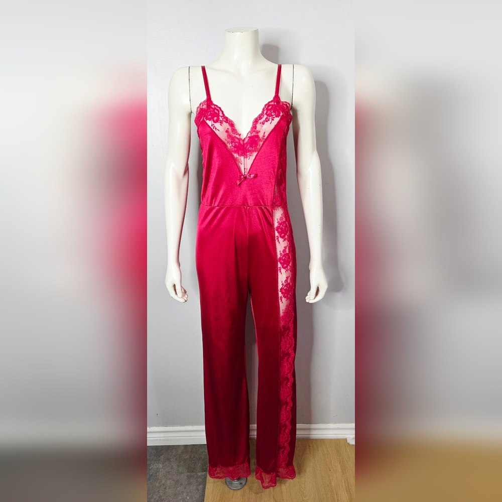 Vintage Sexy Red Sheer Lace And Nylon Jumpsuit